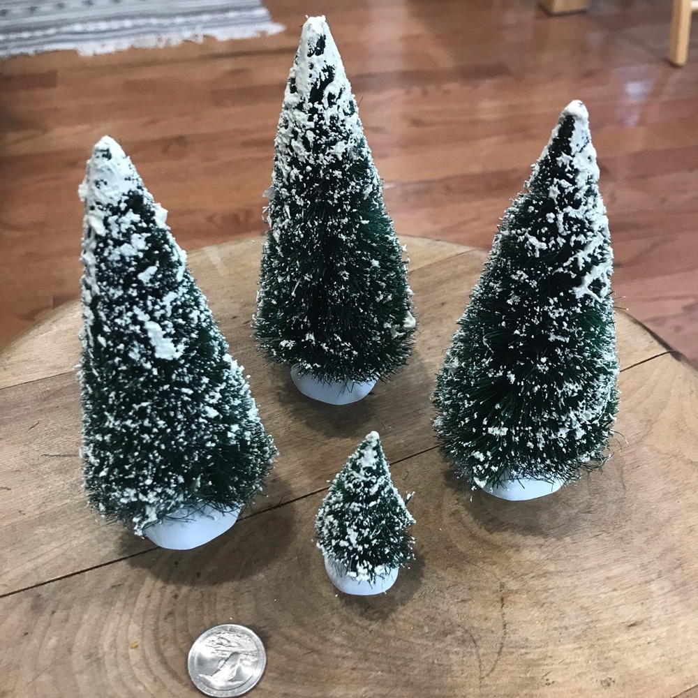 4 Christmas village bottle brush trees pine